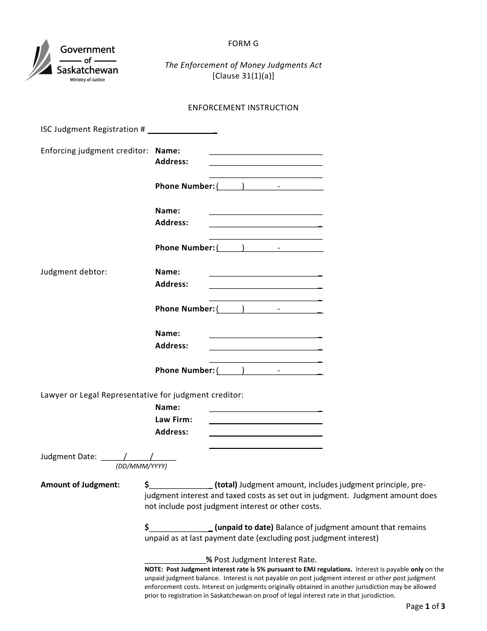 Form G Enforcement Instruction - Saskatchewan, Canada, Page 1