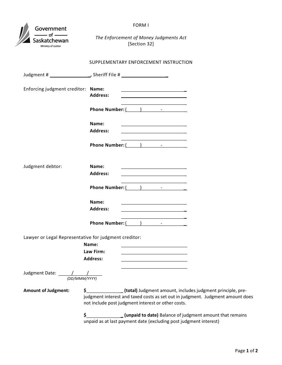 Form I Supplementary Enforcement Instruction - Saskatchewan, Canada, Page 1
