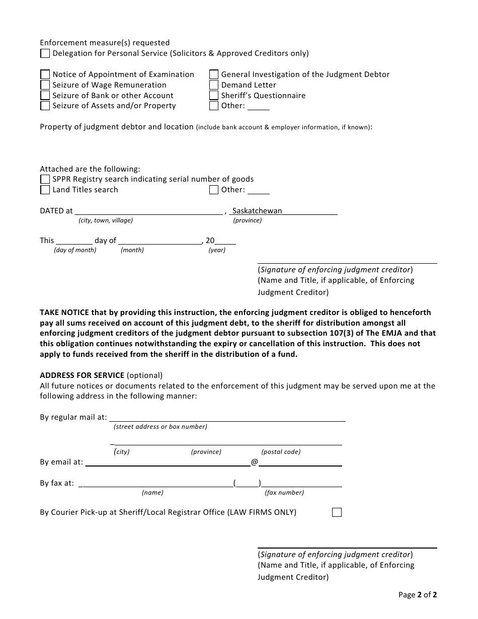 Form I Supplementary Enforcement Instruction - Saskatchewan, Canada, Page 2