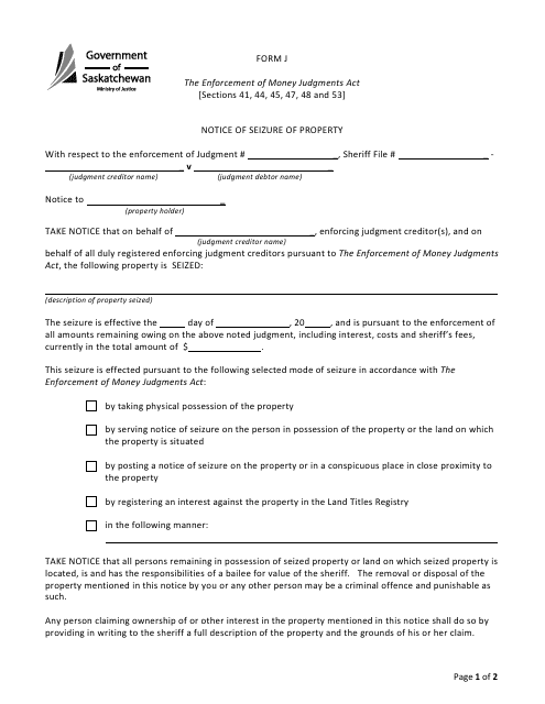 Form J Notice of Seizure of Property - Saskatchewan, Canada