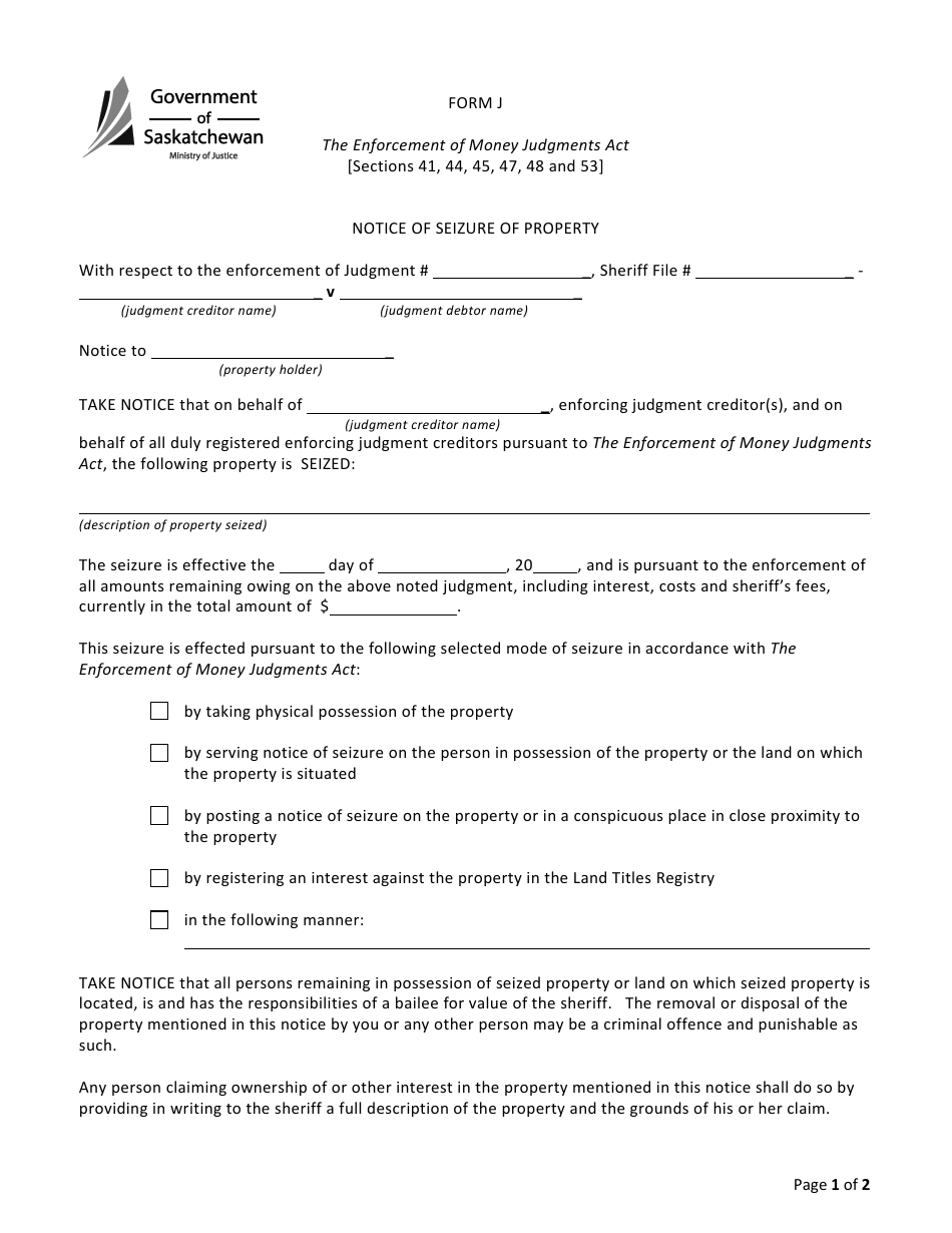 Form J Notice of Seizure of Property - Saskatchewan, Canada, Page 1