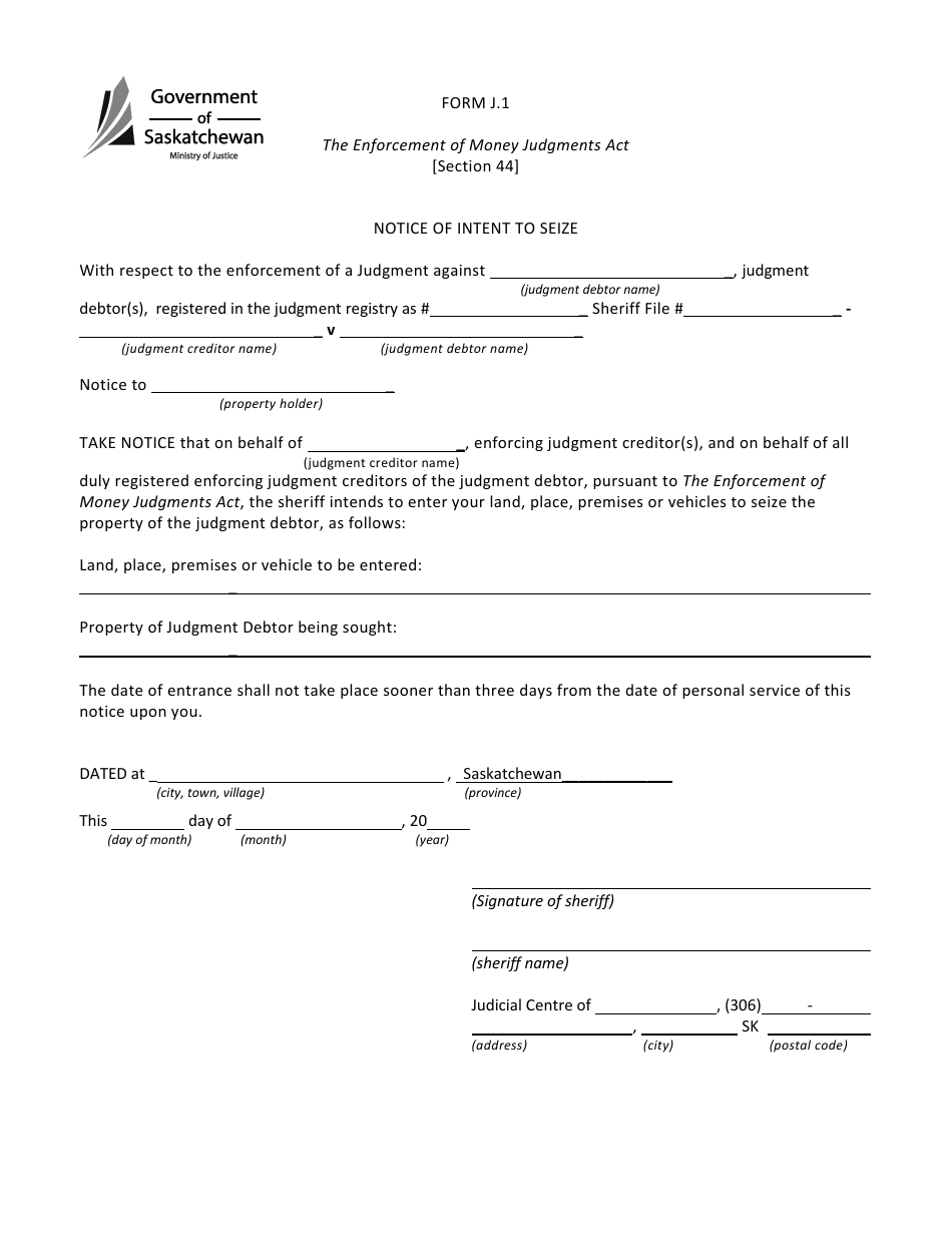 Form J.1 Notice of Intent to Seize - Saskatchewan, Canada, Page 1