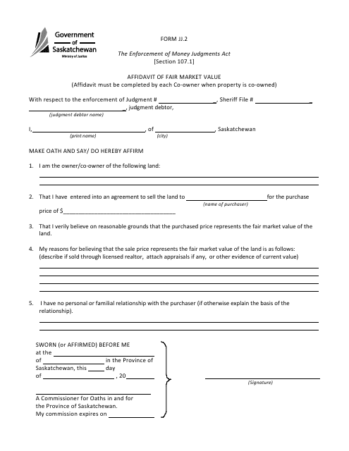 Form JJ.2 Affidavit of Fair Market Value - Saskatchewan, Canada