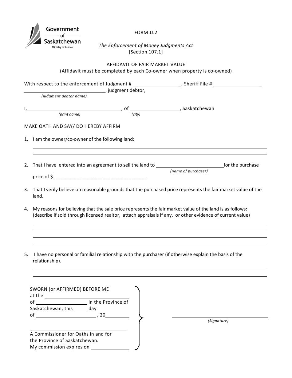 Form JJ.2 Affidavit of Fair Market Value - Saskatchewan, Canada, Page 1