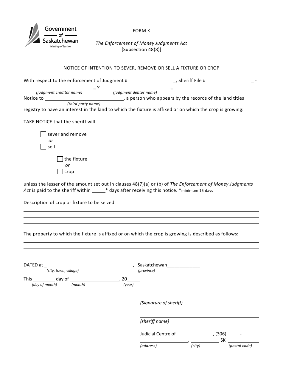 Form K Notice of Intention to Sever, Remove or Sell a Fixture or Crop - Saskatchewan, Canada, Page 1