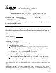 Document preview: Form JJ Application for Registration of Section 107.1 Notice Against a Land Title - Saskatchewan, Canada