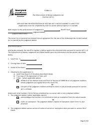 Form JJ.1 &quot;Application for Registration of Section 107.1 Notice Against a Land Title&quot; - Saskatchewan, Canada