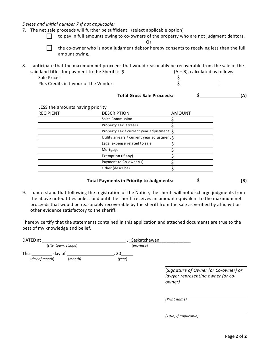 Form JJ.1 Application for Registration of Section 107.1 Notice Against a Land Title - Saskatchewan, Canada, Page 2