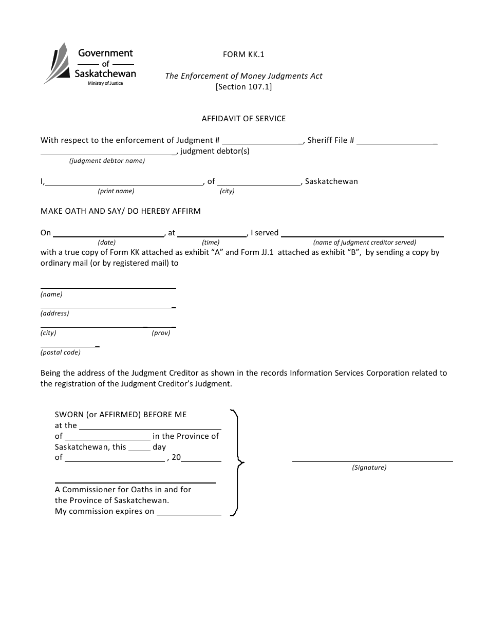 Form KK.1 Affidavit of Service - Saskatchewan, Canada, Page 1
