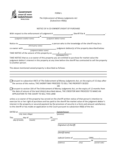 Form L Notice of a Co-owner's Right of Purchase - Saskatchewan, Canada