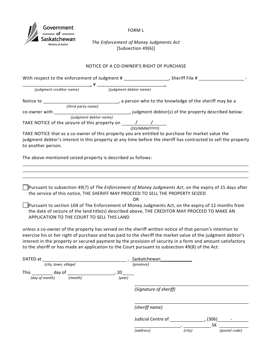 Form L Notice of a Co-owners Right of Purchase - Saskatchewan, Canada, Page 1