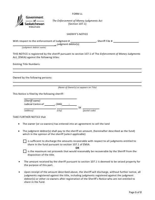 Form LL Sheriff's Notice - Saskatchewan, Canada