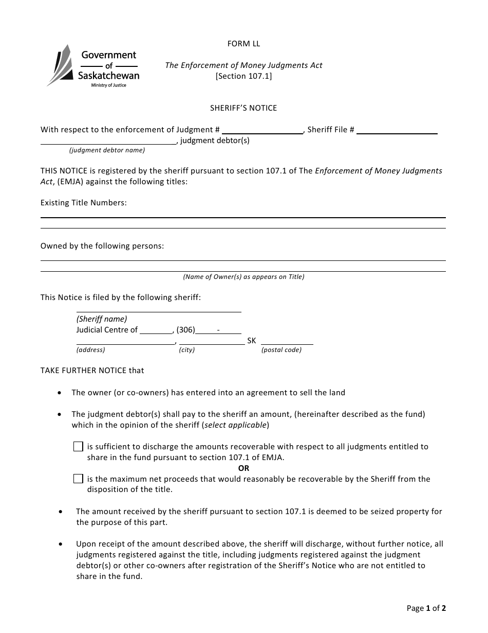 Form LL Sheriffs Notice - Saskatchewan, Canada, Page 1