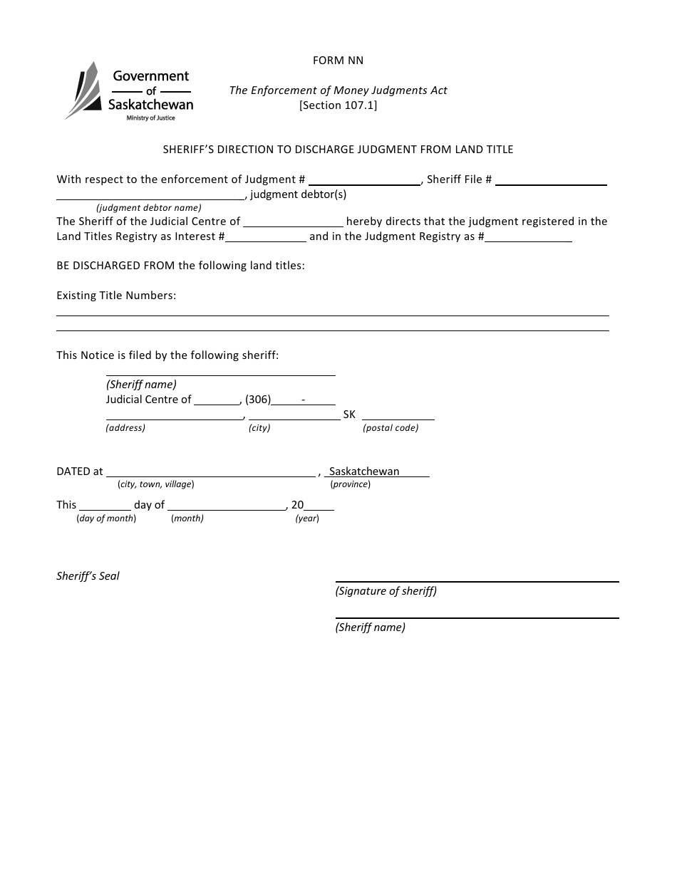 Form NN Sheriffs Direction to Discharge Judgment From Land Title - Saskatchewan, Canada, Page 1