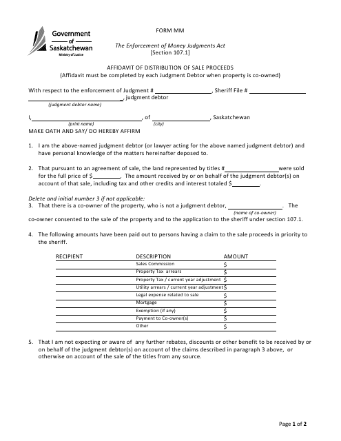 Form MM Affidavit of Distribution of Sale Proceeds - Saskatchewan, Canada
