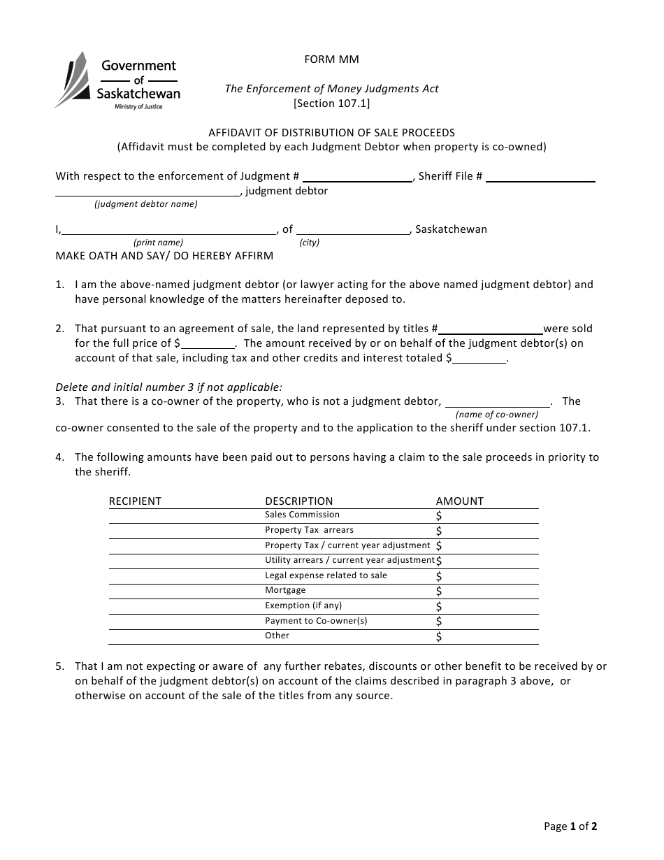 Form MM Affidavit of Distribution of Sale Proceeds - Saskatchewan, Canada, Page 1