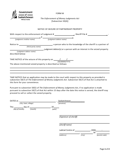 Form M Notice of Seizure of Partnership Property - Saskatchewan, Canada