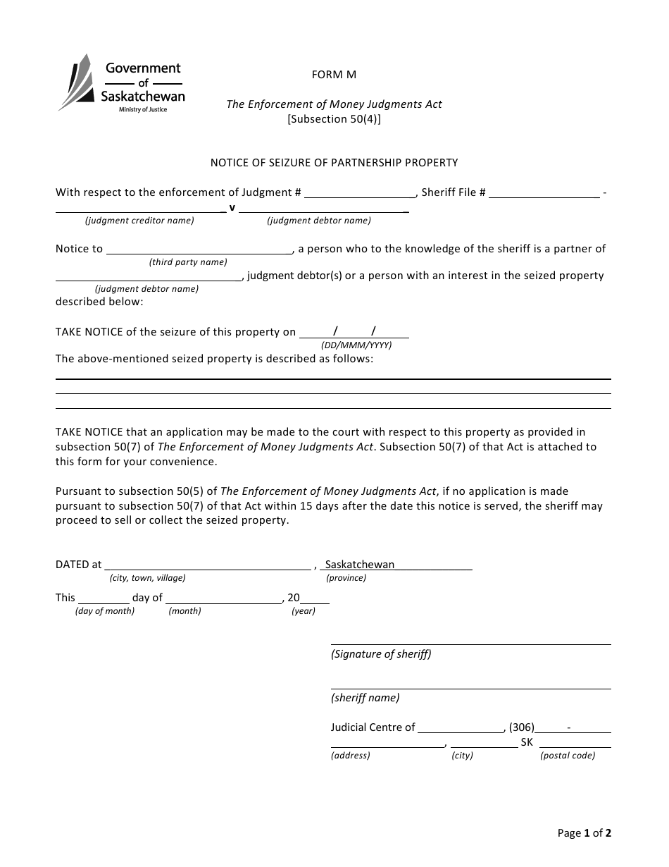 Form M Notice of Seizure of Partnership Property - Saskatchewan, Canada, Page 1