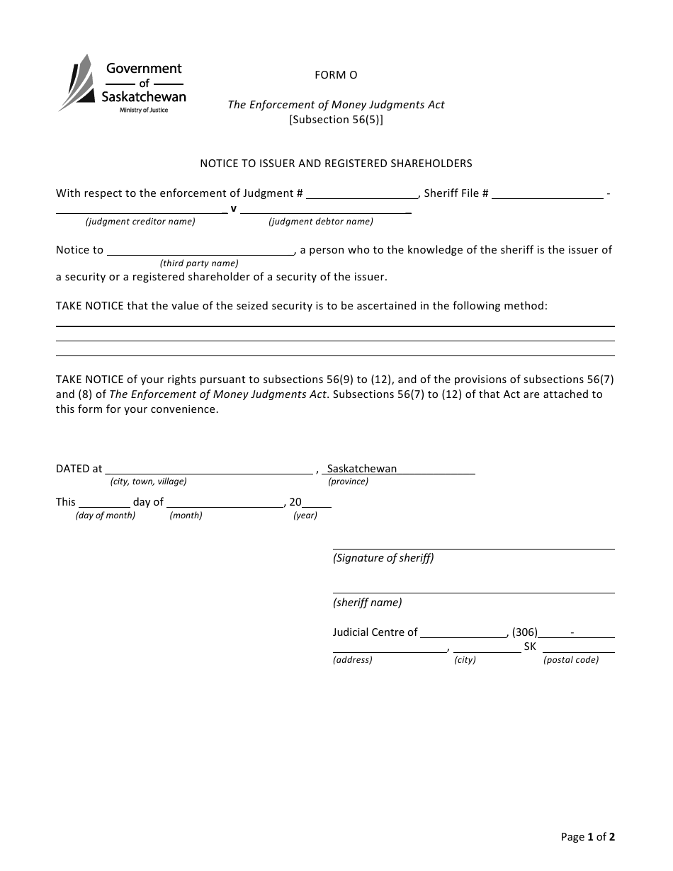 Form O Notice to Issuer and Registered Shareholders - Saskatchewan, Canada, Page 1
