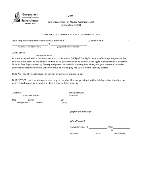 Form P Demand for Further Evidence of Ability to Pay - Saskatchewan, Canada