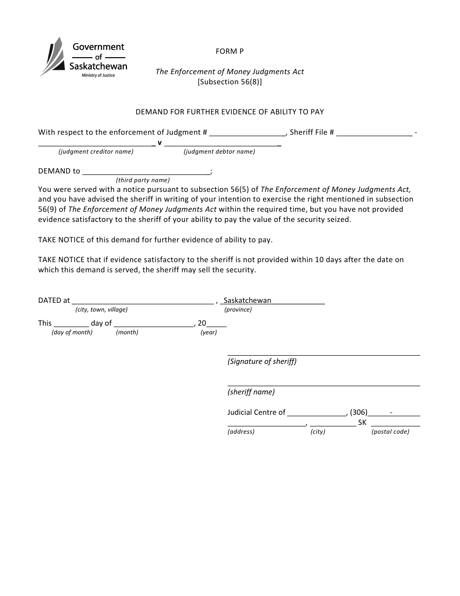Form P Demand for Further Evidence of Ability to Pay - Saskatchewan, Canada, Page 1