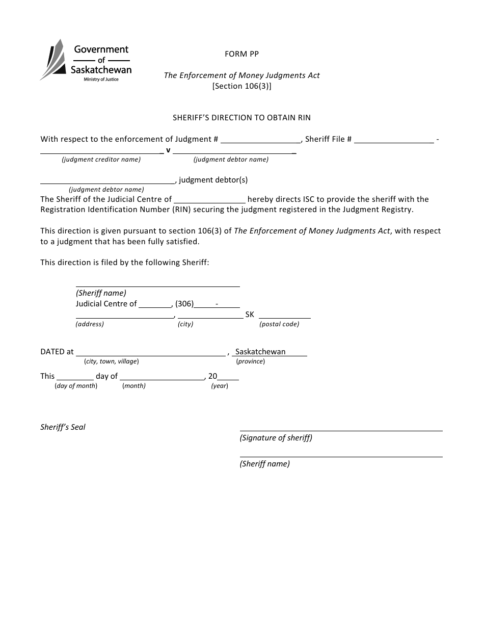Form PP Sheriffs Direction to Obtain Rin - Saskatchewan, Canada, Page 1