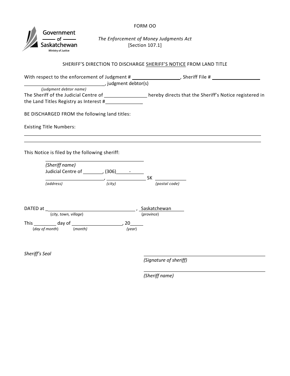 Form OO Sheriffs Direction to Discharge Sheriffs Notice From Land Title - Saskatchewan, Canada, Page 1