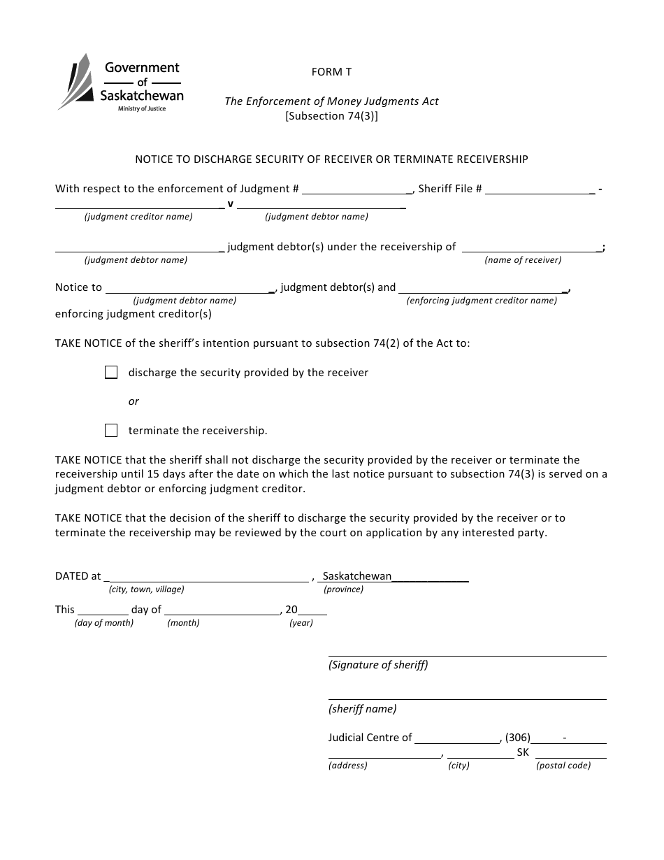 Form T Notice to Discharge Security of Receiver or Terminate Receivership - Saskatchewan, Canada, Page 1