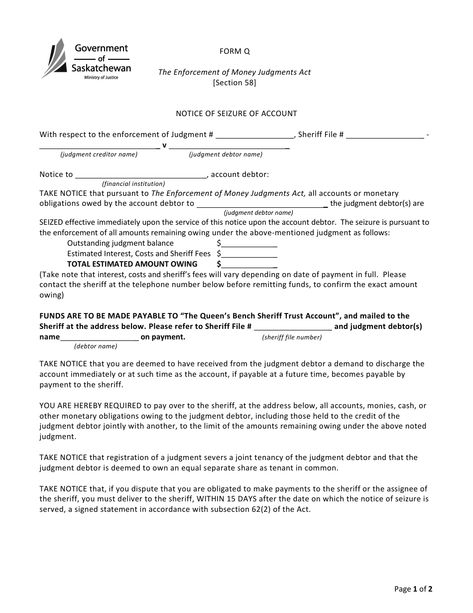 Form Q Notice of Seizure of Account - Saskatchewan, Canada, Page 1
