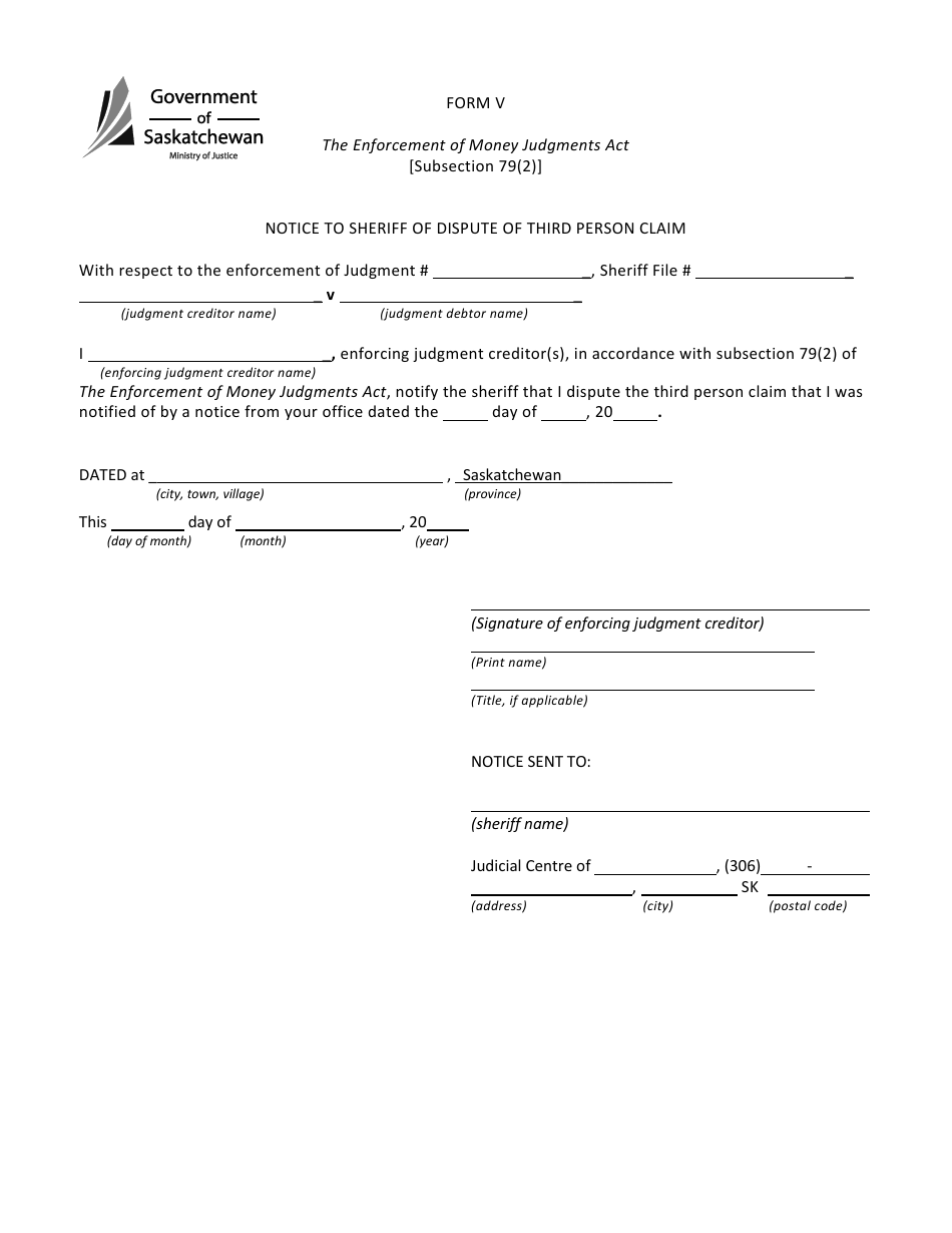Form V Notice to Sheriff of Dispute of Third Person Claim - Saskatchewan, Canada, Page 1