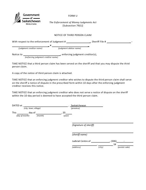 Form U Notice of Third Person Claim - Saskatchewan, Canada