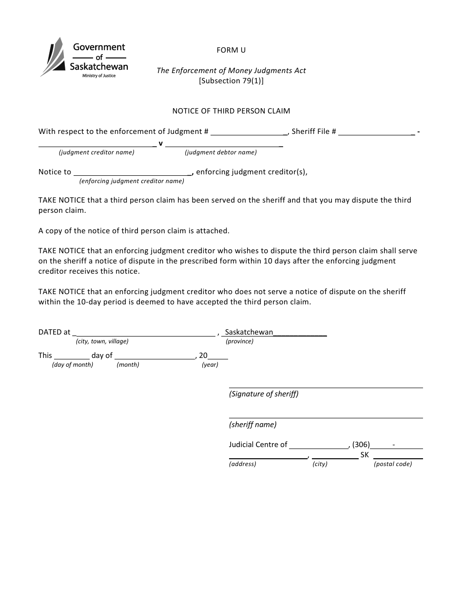 Form U Notice of Third Person Claim - Saskatchewan, Canada, Page 1