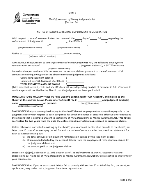 Form S Notice of Seizure Affecting Employment Remuneration - Saskatchewan, Canada