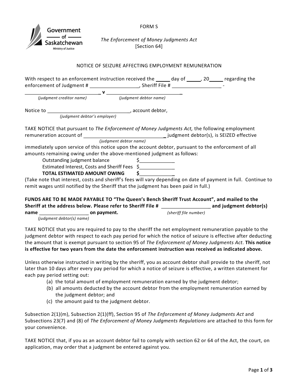 Form S Notice of Seizure Affecting Employment Remuneration - Saskatchewan, Canada, Page 1