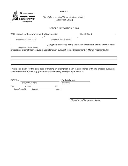 Form Y Notice of Exemption Claim - Saskatchewan, Canada