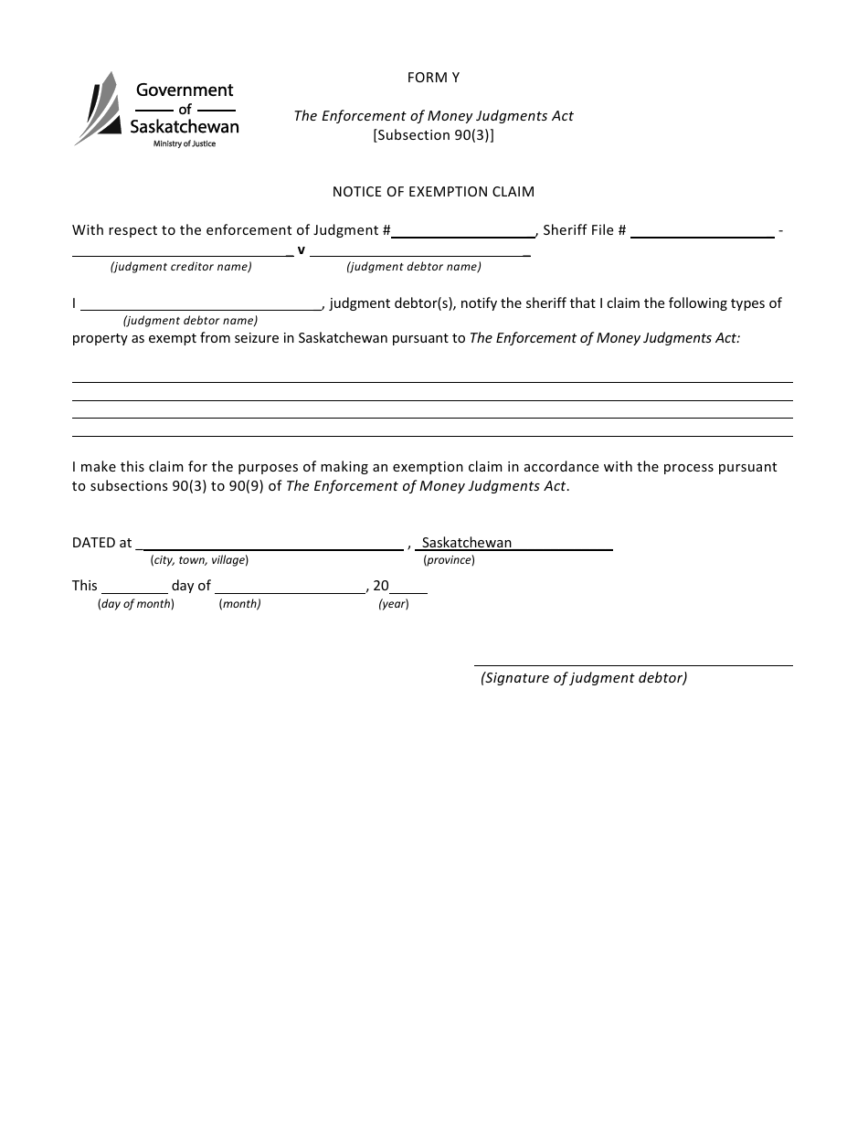 Form Y Notice of Exemption Claim - Saskatchewan, Canada, Page 1