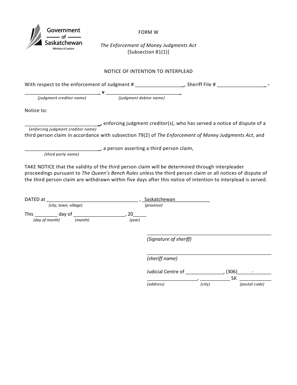 Form W - Fill Out, Sign Online and Download Printable PDF, Saskatchewan ...