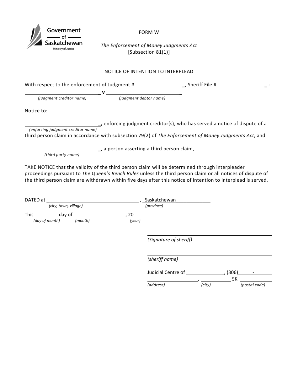 Form W Notice of Intention to Interplead - Saskatchewan, Canada, Page 1