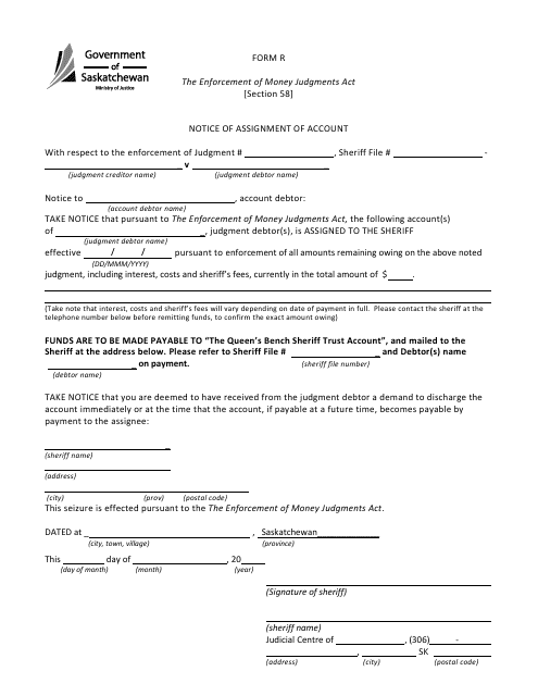 Form R Notice of Assignment of Account - Saskatchewan, Canada
