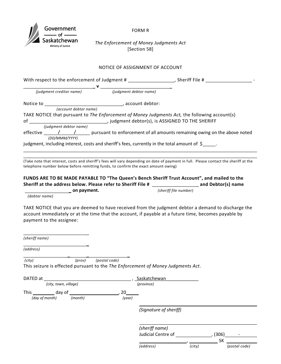 Form R Notice of Assignment of Account - Saskatchewan, Canada, Page 1