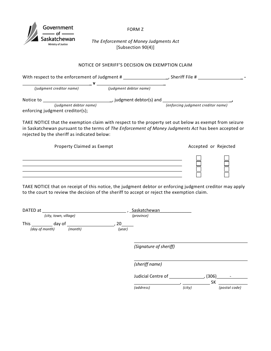 Form Z Notice of Sheriffs Decision on Exemption Claim - Saskatchewan, Canada, Page 1