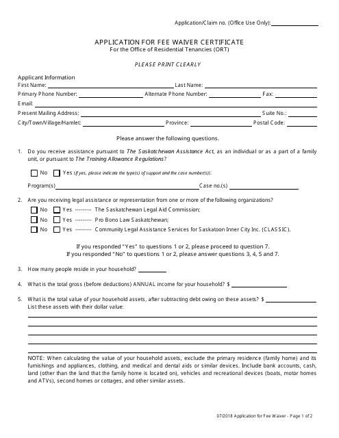 Application for Fee Waiver Certificate for the Office of Residential Tenancies - Saskatchewan, Canada Download Pdf