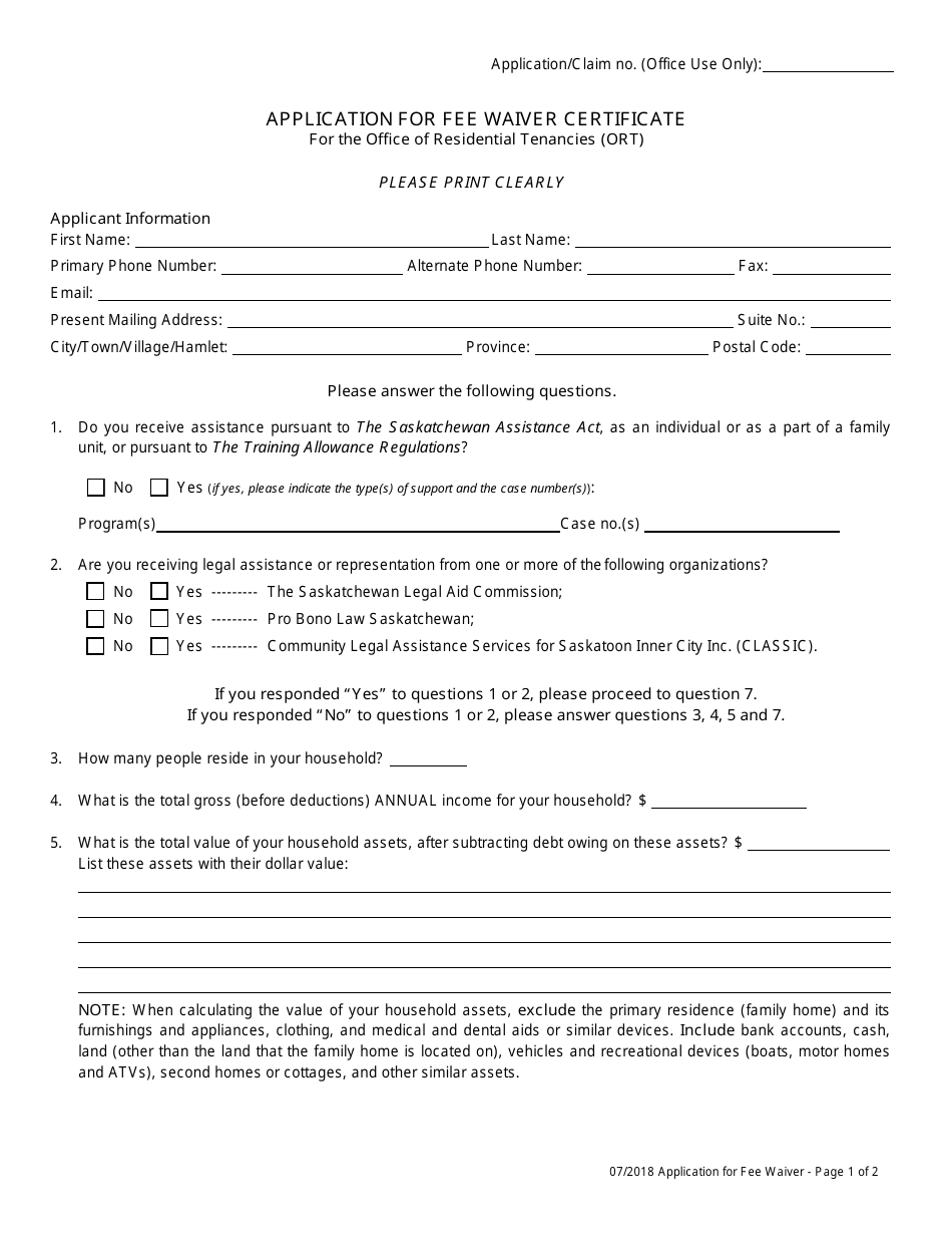 Application for Fee Waiver Certificate for the Office of Residential Tenancies - Saskatchewan, Canada, Page 1