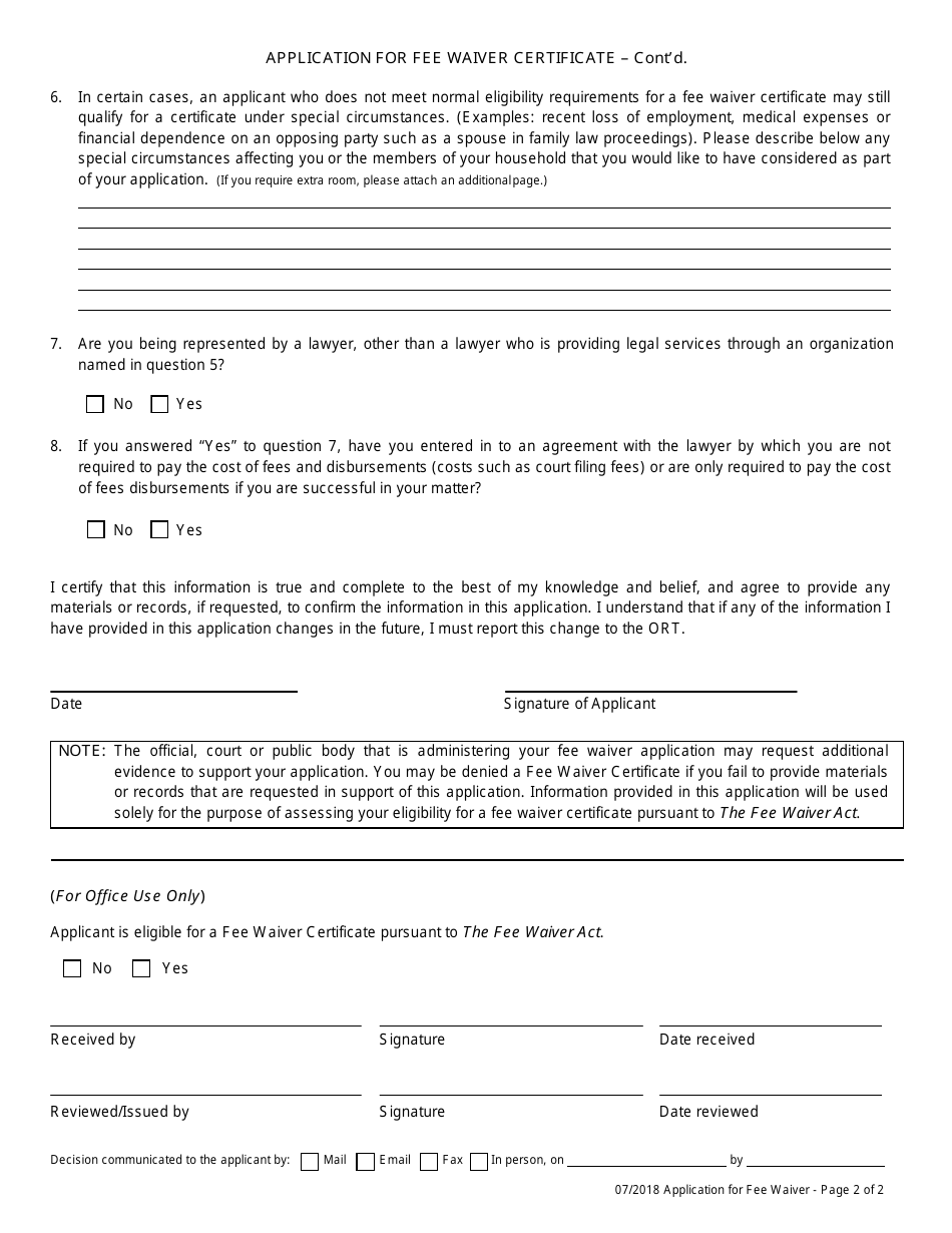 Saskatchewan Canada Application for Fee Waiver Certificate for the ...