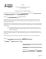 Form X &quot;Exemption Notice to Judgment Debtor&quot; - Saskatchewan, Canada