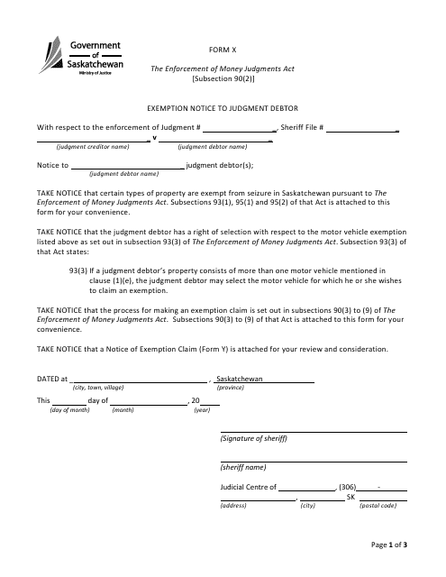 Form X Exemption Notice to Judgment Debtor - Saskatchewan, Canada