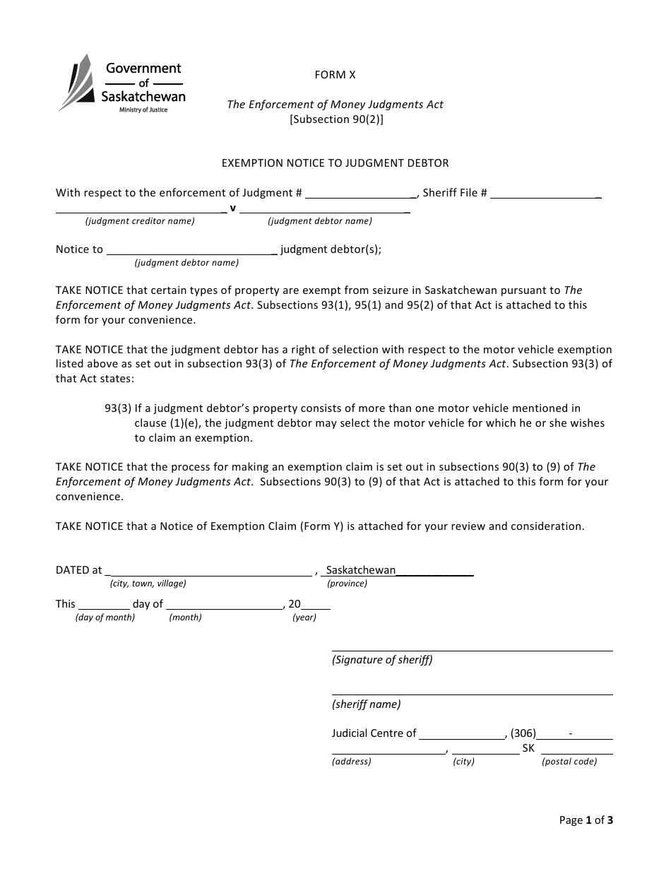 Form X Exemption Notice to Judgment Debtor - Saskatchewan, Canada, Page 1