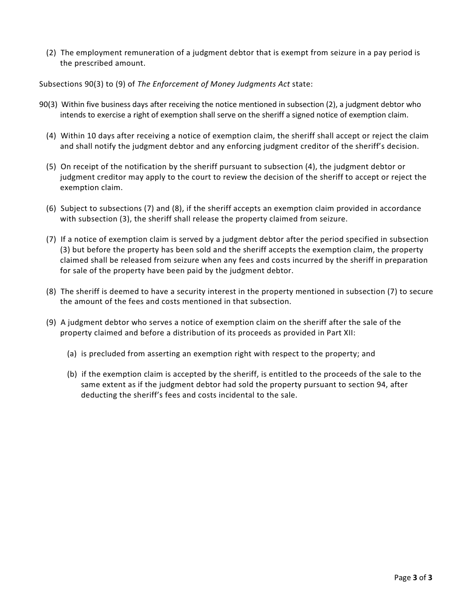 Form X Exemption Notice to Judgment Debtor - Saskatchewan, Canada, Page 3