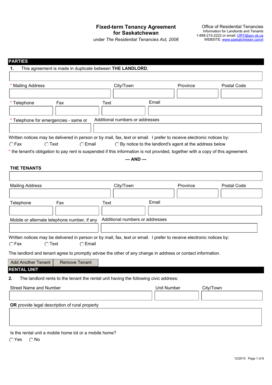 Saskatchewan Canada Fixed-Term Tenancy Agreement for Saskatchewan Intended For fixed term tenancy agreement template