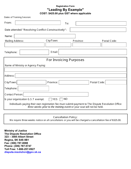 Leading by Example Registration Form - Saskatchewan, Canada